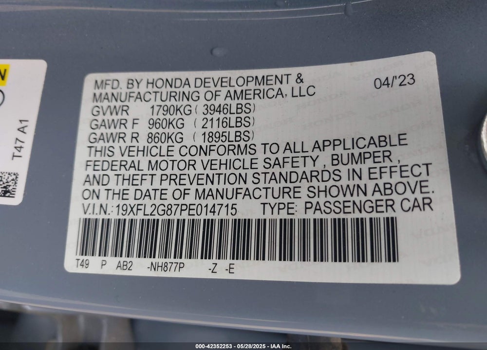 2023 HONDA CIVIC SPORT VIN: 19XFL2G87PE014715