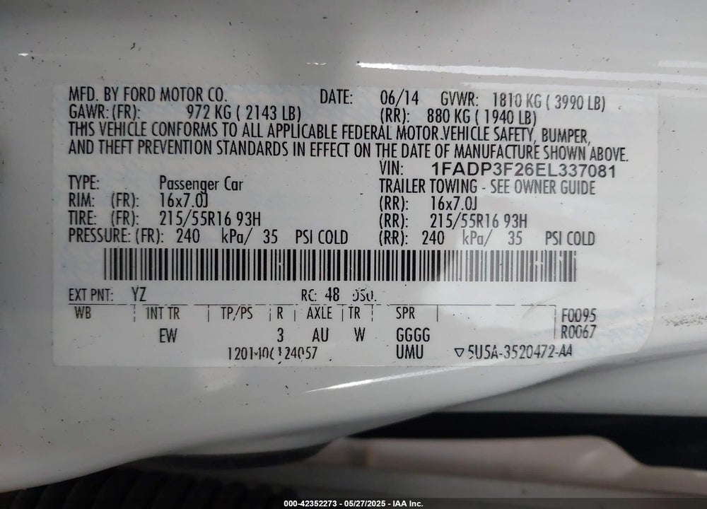 2014 FORD FOCUS VIN: 1FADP3F26EL337081
