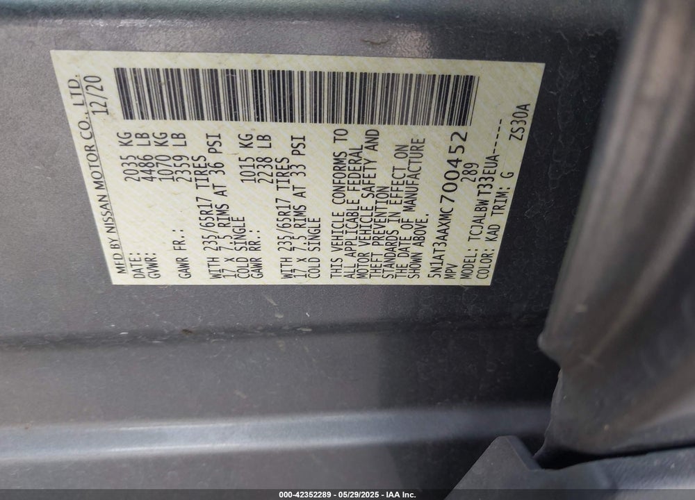 2021 NISSAN ROGUE VIN: 5N1AT3AAXMC700452