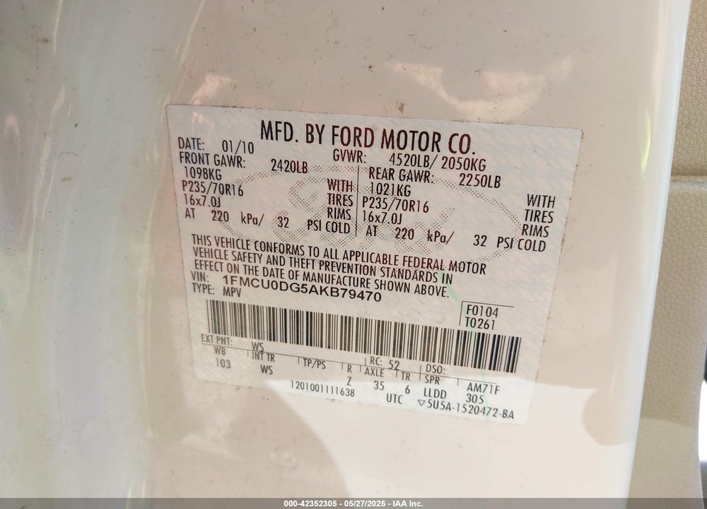 2010 FORD ESCAPE XLT VIN: 1FMCU0DG5AKB79470