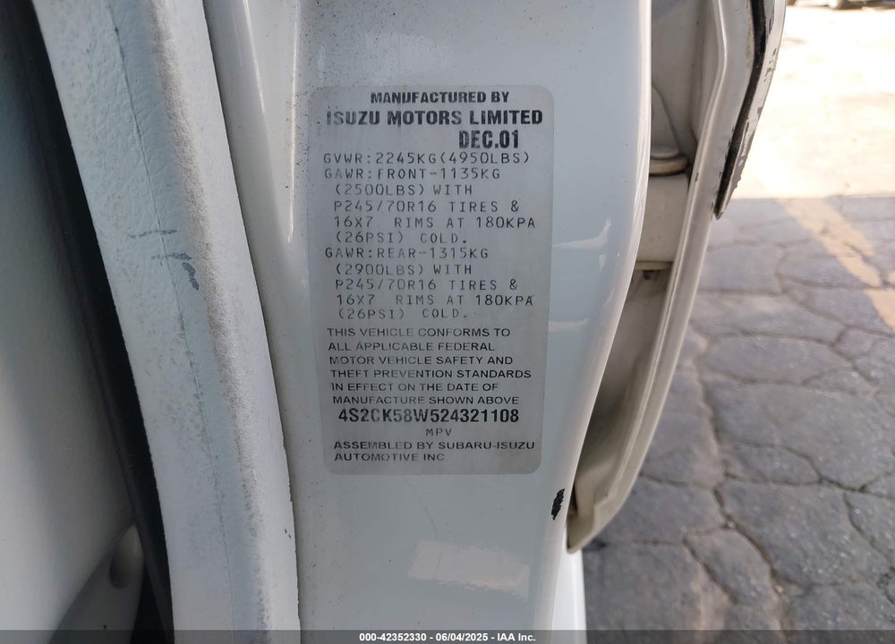 2002 ISUZU RODEO LS 3.2L V6/LSE 3.2L V6/S 3.2L V6 VIN: 4S2CK58W524321108