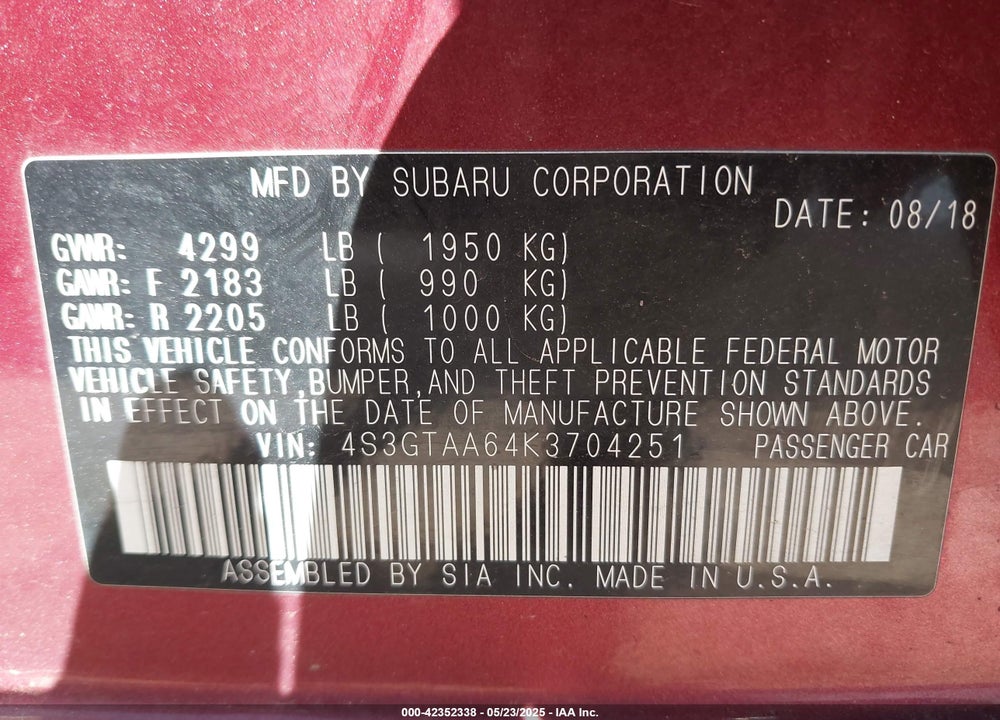 2019 SUBARU IMPREZA 2.0I VIN: 4S3GTAA64K3704251