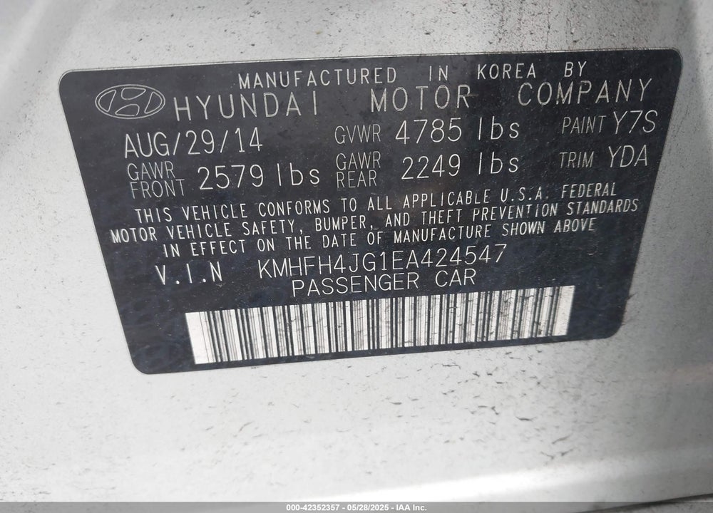 2014 HYUNDAI AZERA LIMITED VIN: KMHFH4JG1EA424547