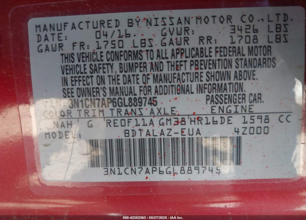 2016 NISSAN VERSA VIN: 3N1CN7AP6GL889745