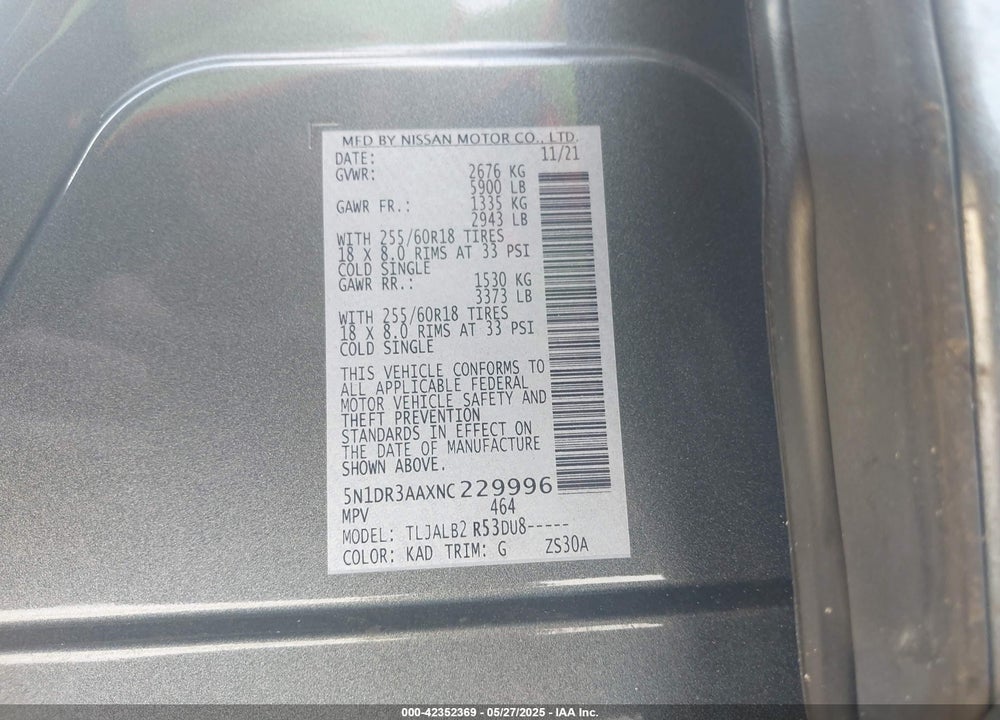 2022 NISSAN PATHFINDER S 2WD VIN: 5N1DR3AAXNC229996