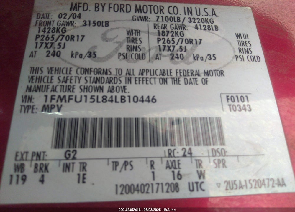 2004 FORD EXPEDITION XLT VIN: 1FMFU15L84LB10446