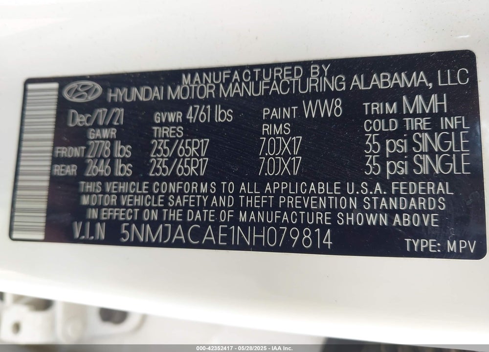 2022 HYUNDAI TUCSON VIN: 5NMJACAE1NH079814