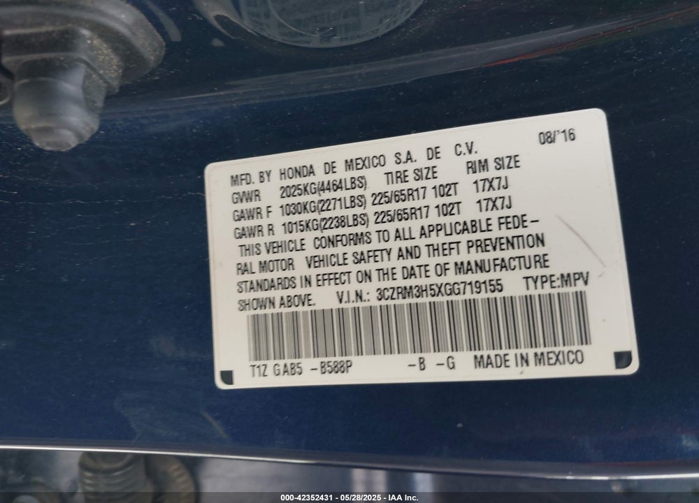 2016 HONDA CR-V VIN: 3CZRM3H5XGG719155