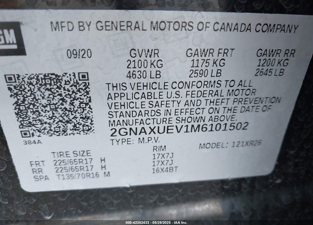 2021 CHEVROLET EQUINOX VIN: 2GNAXUEV1M6101502