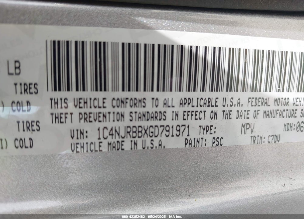 2016 JEEP PATRIOT VIN: 1C4NJRBBXGD791971