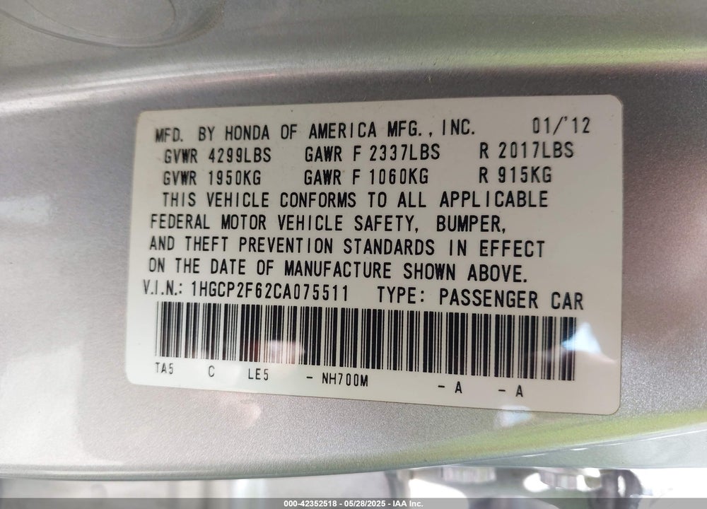 2012 HONDA ACCORD VIN: 1HGCP2F62CA075511