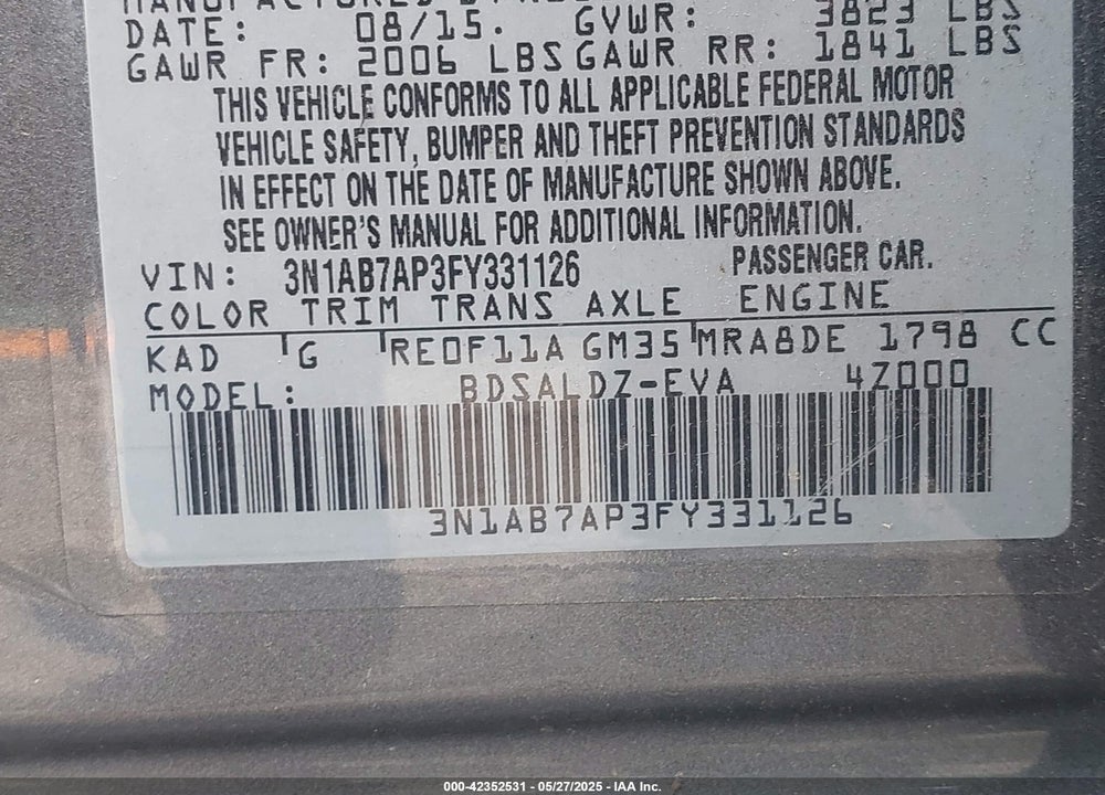 2015 NISSAN SENTRA VIN: 3N1AB7AP3FY331126