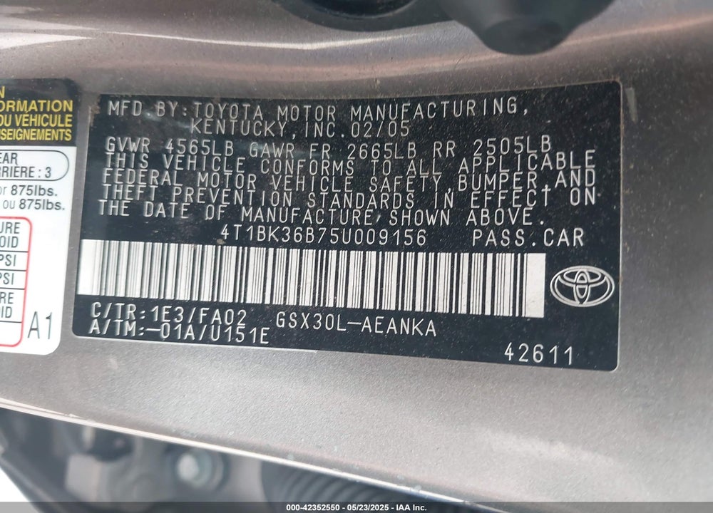 2005 TOYOTA AVALON LIMITED/TOURING/XL/XLS VIN: 4T1BK36B75U009156