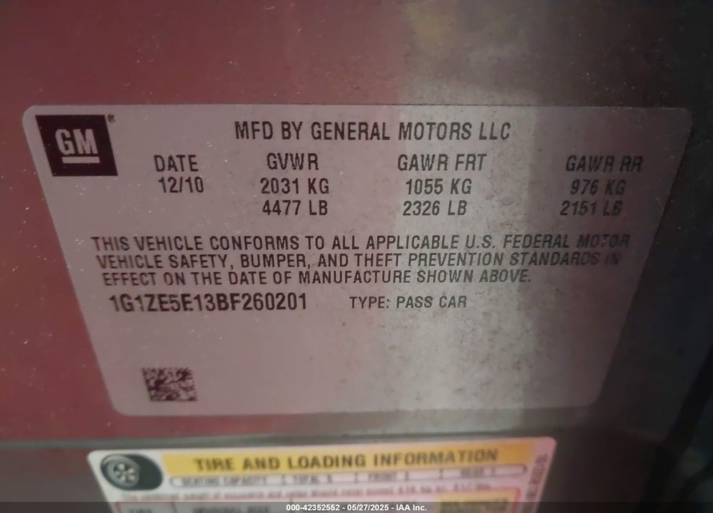 2011 CHEVROLET MALIBU VIN: 1G1ZE5E13BF260201