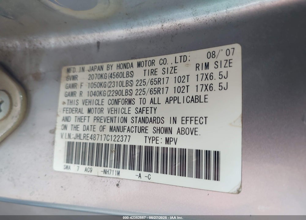 2007 HONDA CR-V EX-L VIN: JHLRE48717C122377