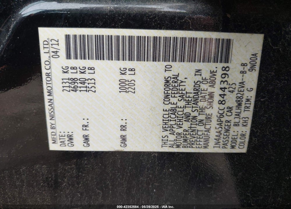 2012 NISSAN MAXIMA VIN: 1N4AA5AP6CC844398