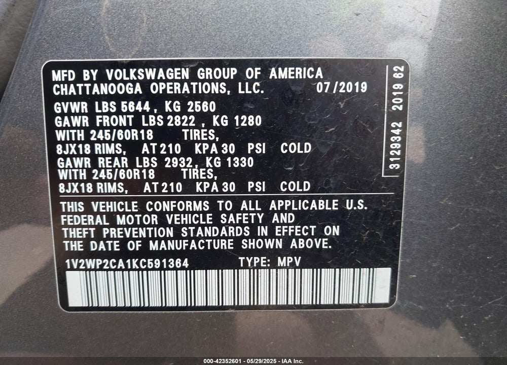 2019 VOLKSWAGEN ATLAS VIN: 1V2WP2CA1KC591364