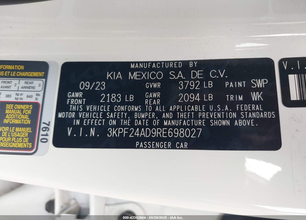 2024 KIA FORTE VIN: 3KPF24AD9RE698027