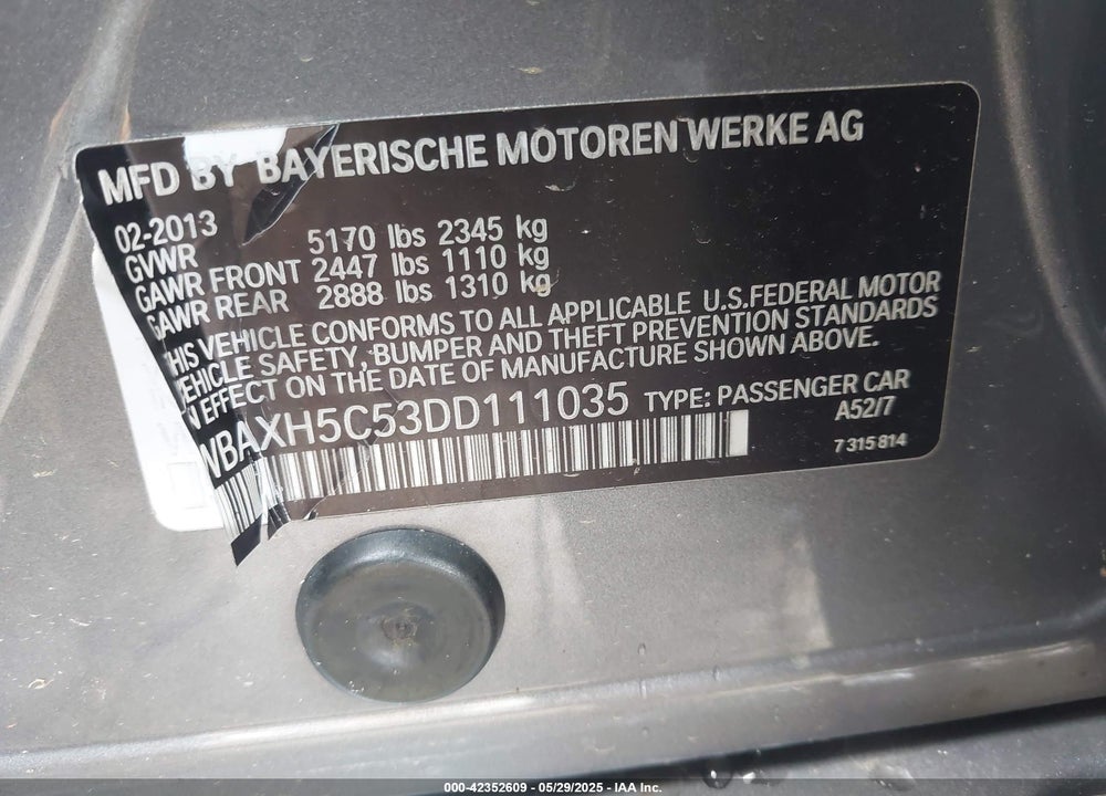 2013 BMW 5 SERIES VIN: WBAXH5C53DD111035