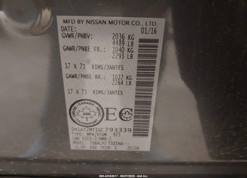 2016 NISSAN ROGUE VIN: 5N1AT2MT1GC793339