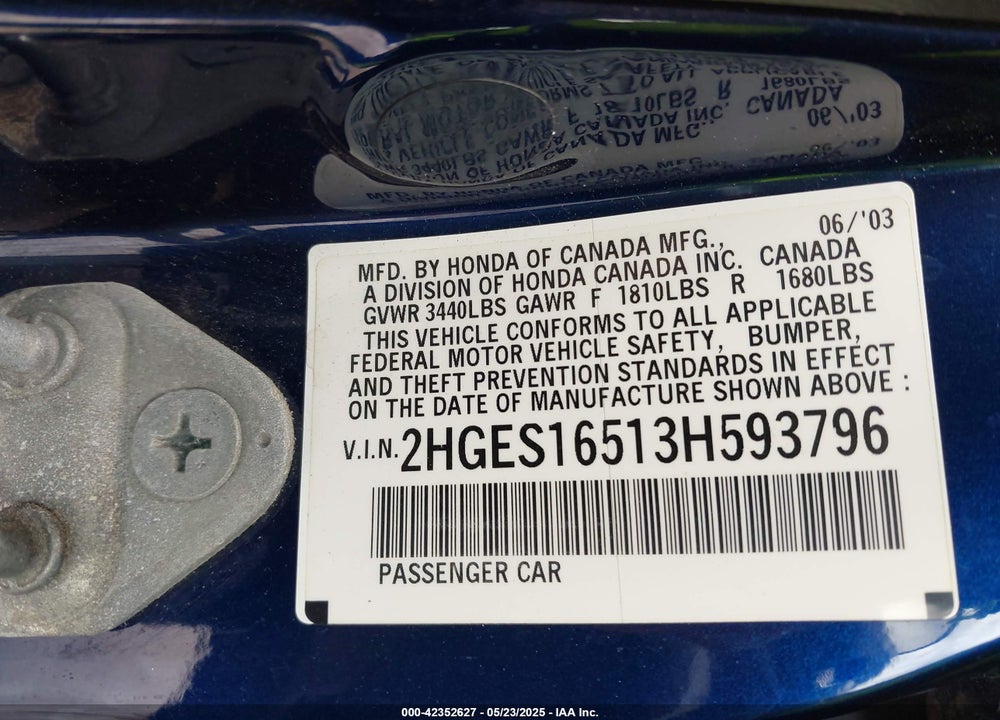 2003 HONDA CIVIC LX VIN: 2HGES16513H593796