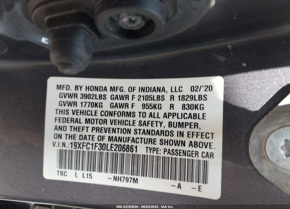2020 HONDA CIVIC VIN: 19XFC1F30LE206861