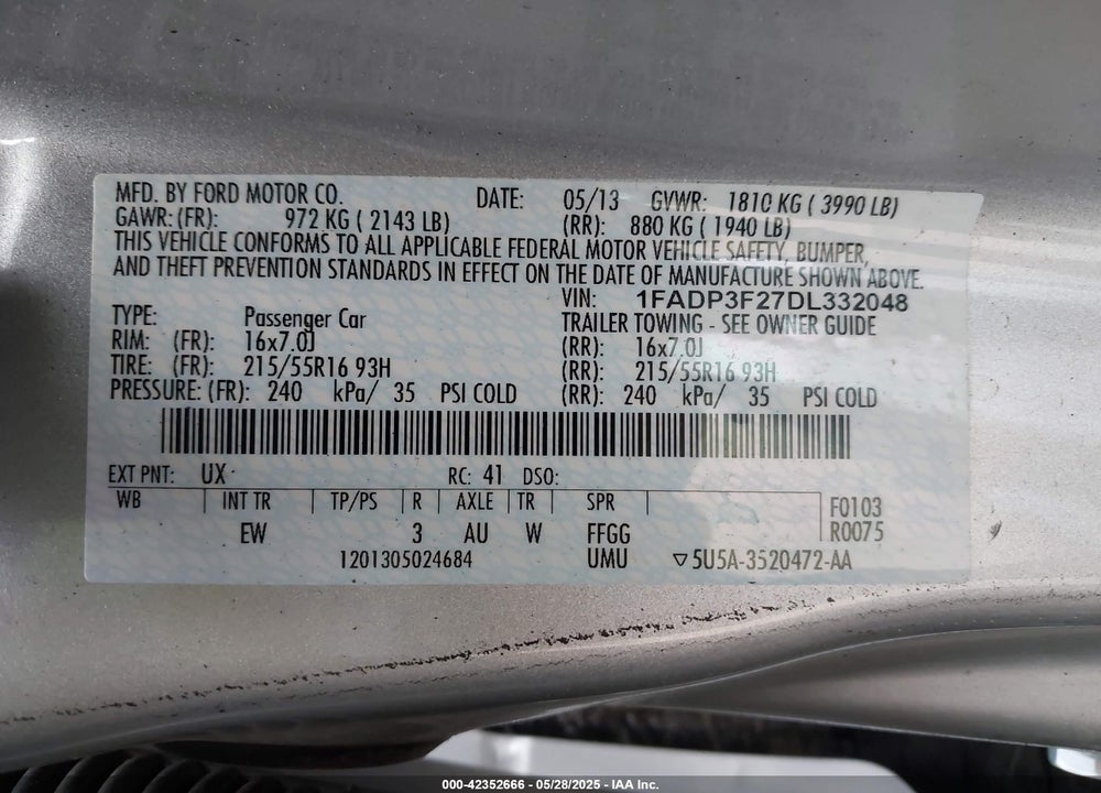 2013 FORD FOCUS SE VIN: 1FADP3F27DL332048