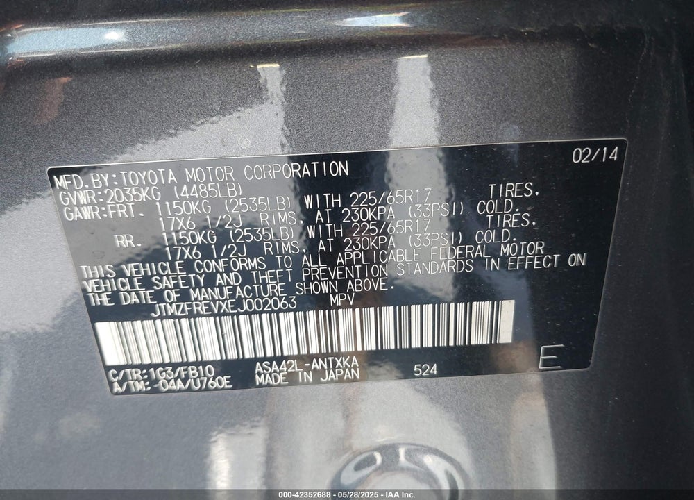 2014 TOYOTA RAV4 LE VIN: JTMZFREVXEJ002063
