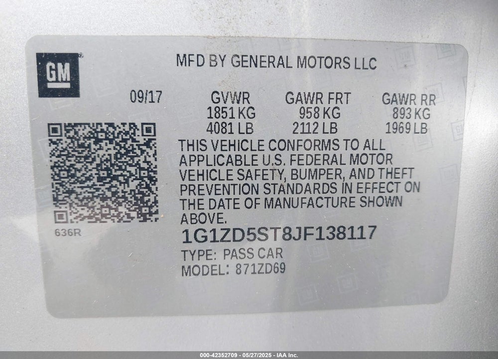 2018 CHEVROLET MALIBU VIN: 1G1ZD5ST8JF138117