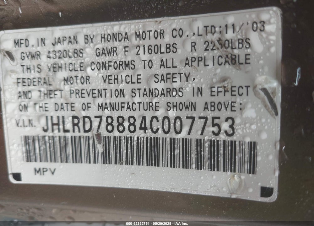 2004 HONDA CR-V EX VIN: JHLRD78884C007753