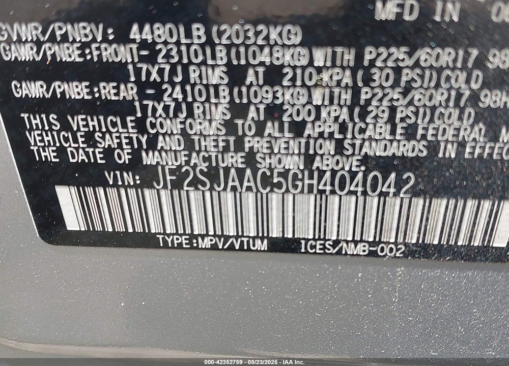 2016 SUBARU FORESTER 2.5I VIN: JF2SJAAC5GH404042
