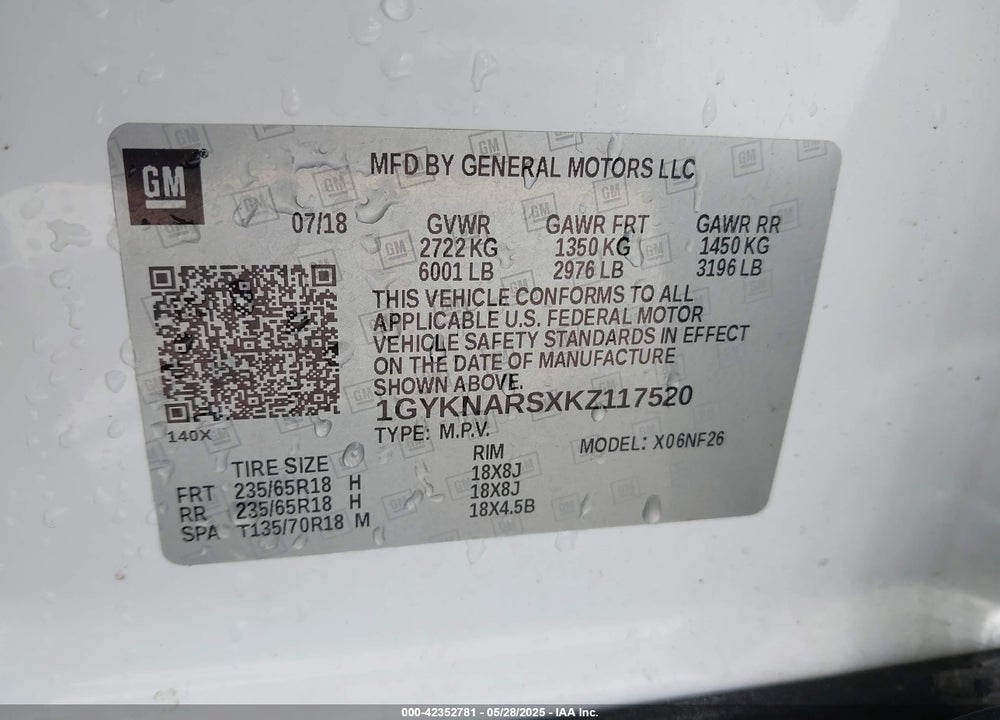2019 CADILLAC XT5 VIN: 1GYKNARSXKZ117520