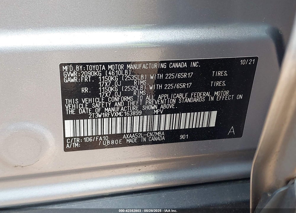 2021 TOYOTA RAV4 XLE/XLE PREMIUM VIN: 2T3W1RFVXMC163899