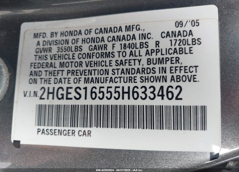 2005 HONDA CIVIC LX VIN: 2HGES16555H633462