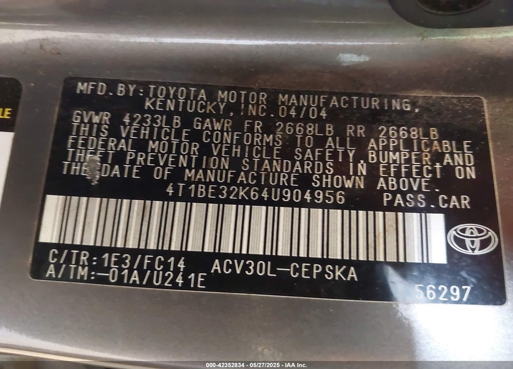 2004 TOYOTA CAMRY LE/SE/STD/XLE VIN: 4T1BE32K64U904956