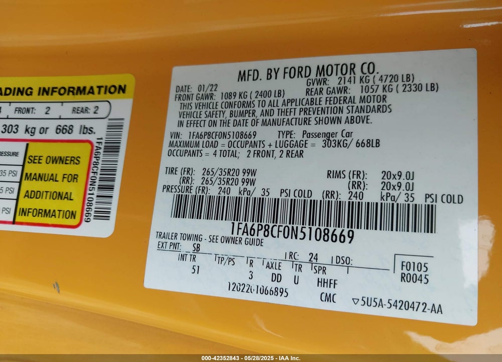 2022 FORD MUSTANG VIN: 1FA6P8CF0N5108669