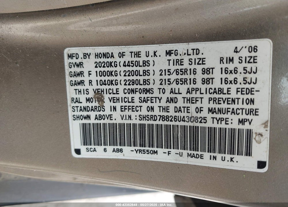 2006 HONDA CR-V VIN: SHSRD78826U430825