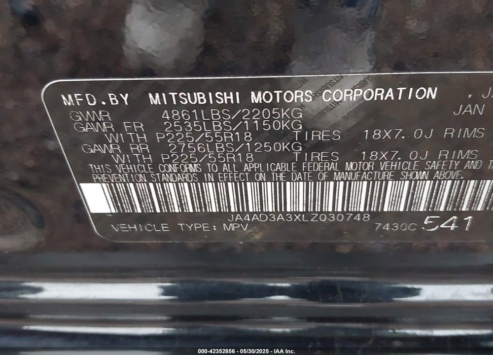 2020 MITSUBISHI OUTLANDER VIN: JA4AD3A3XLZ030748