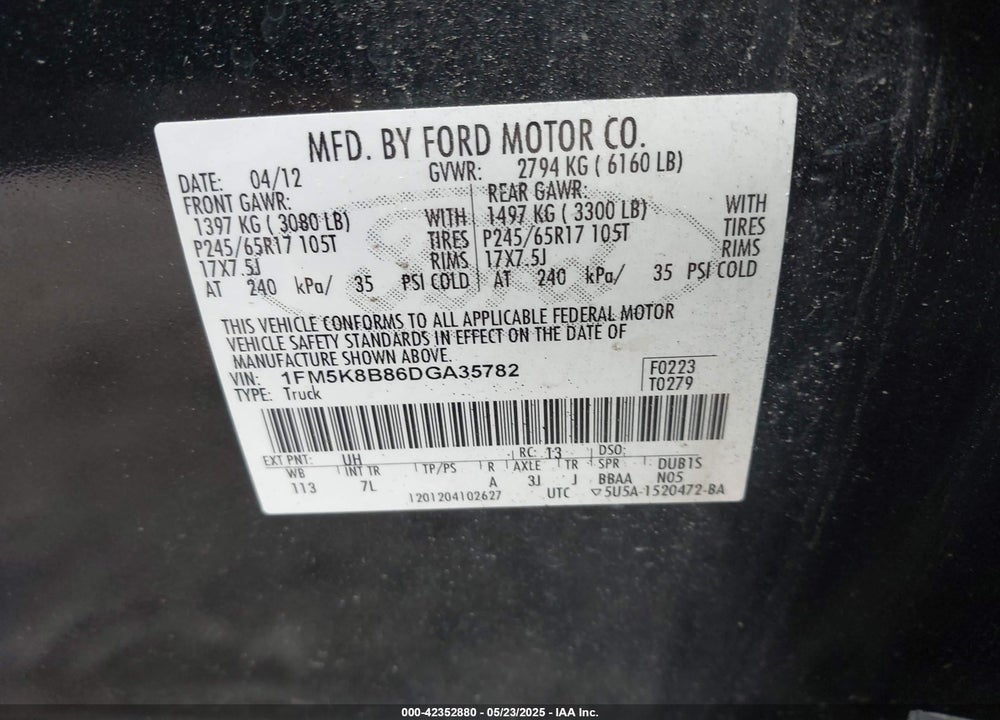 2013 FORD EXPLORER VIN: 1FM5K8B86DGA35782