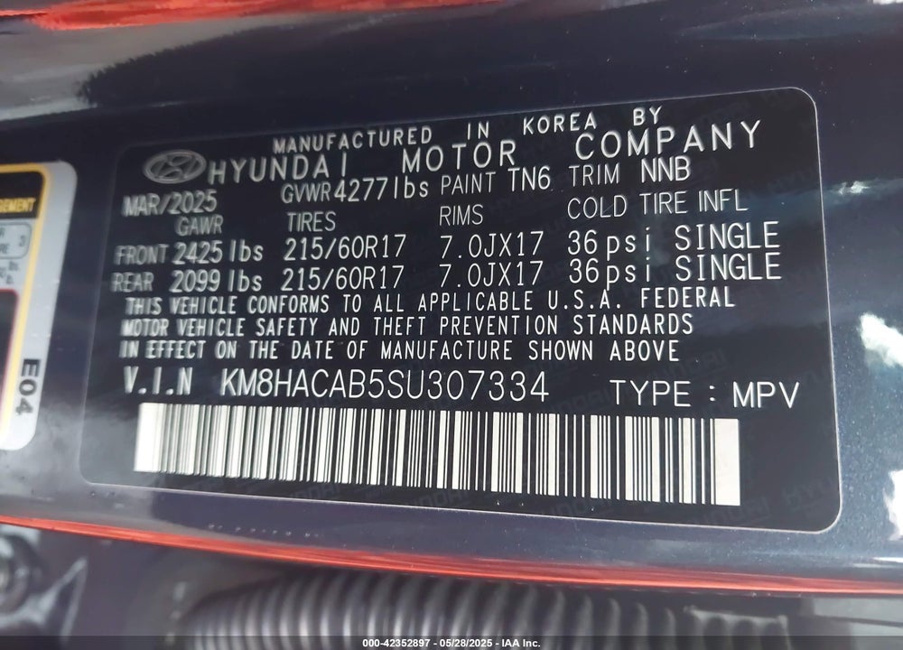 2025 HYUNDAI KONA SE VIN: KM8HACAB5SU307334