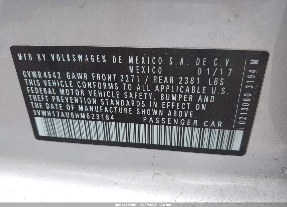 2017 VOLKSWAGEN GOLF ALLTRACK VIN: 3VWH17AU8HM523184