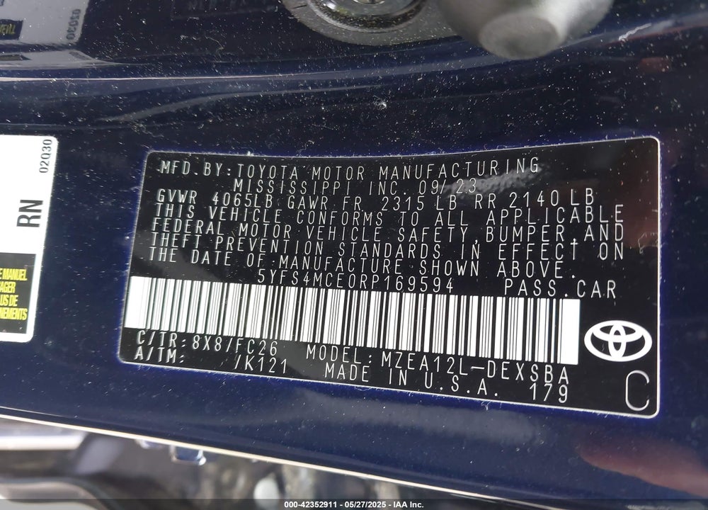 2024 TOYOTA COROLLA VIN: 5YFS4MCE0RP169594