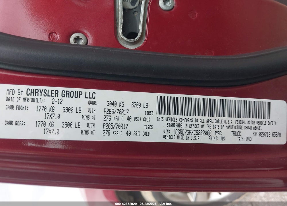 2012 RAM 1500 VIN: 1C6RD7GPXCS222066