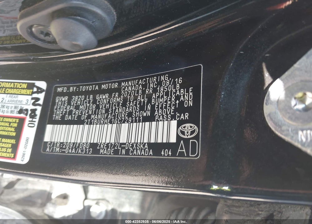 2016 TOYOTA COROLLA S PLUS VIN: 2T1BURHE1GC729111
