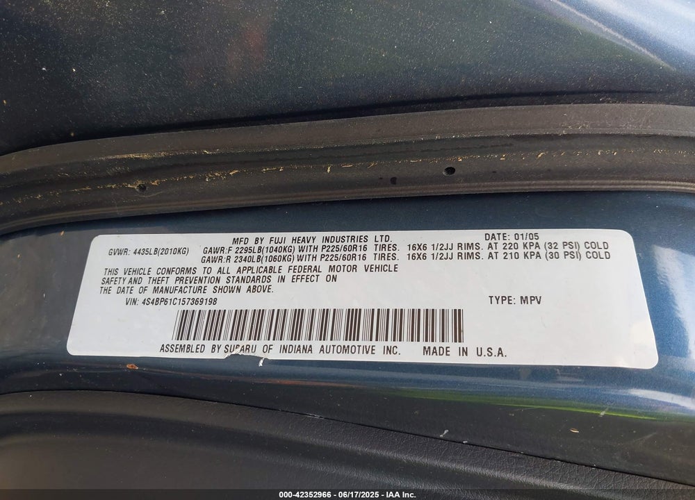 2005 SUBARU OUTBACK 2.5I VIN: 4S4BP61C157369198