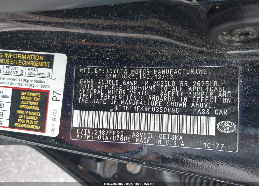 2014 TOYOTA CAMRY SE VIN: 4T1BF1FK8EU350896
