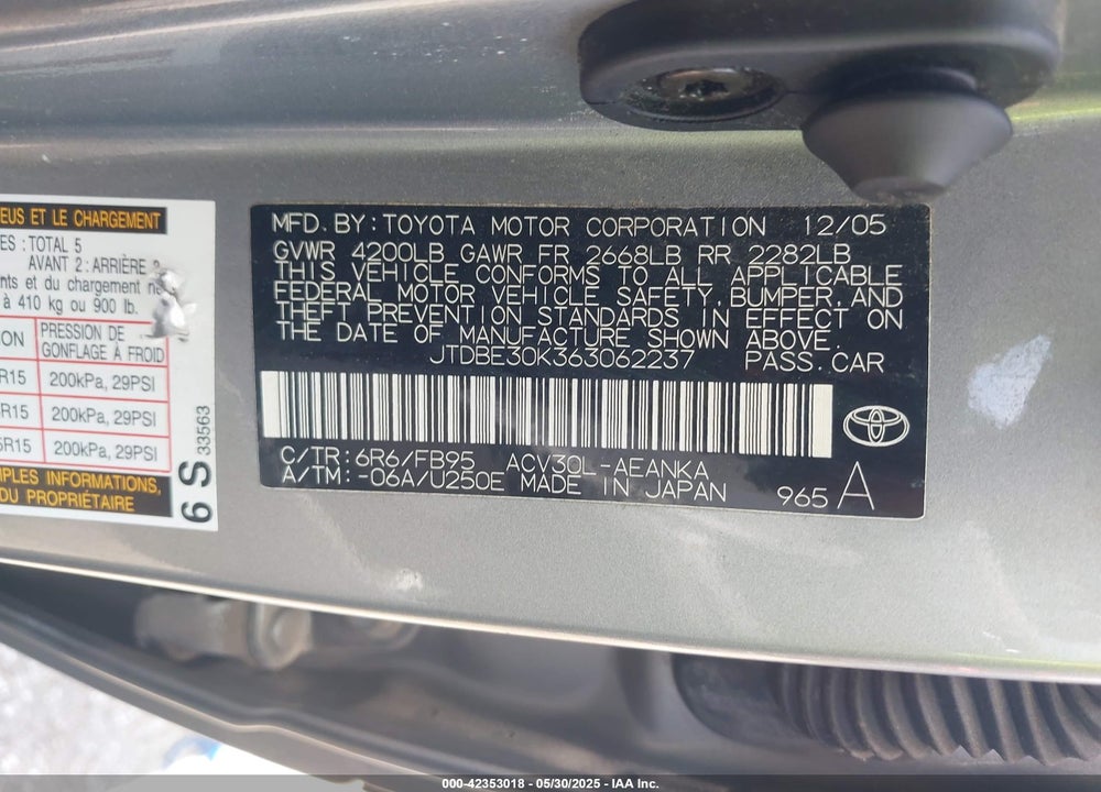2006 TOYOTA CAMRY LE/SE/STD/XLE VIN: JTDBE30K363062237