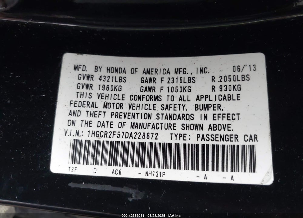 2013 HONDA ACCORD SPORT VIN: 1HGCR2F57DA228872