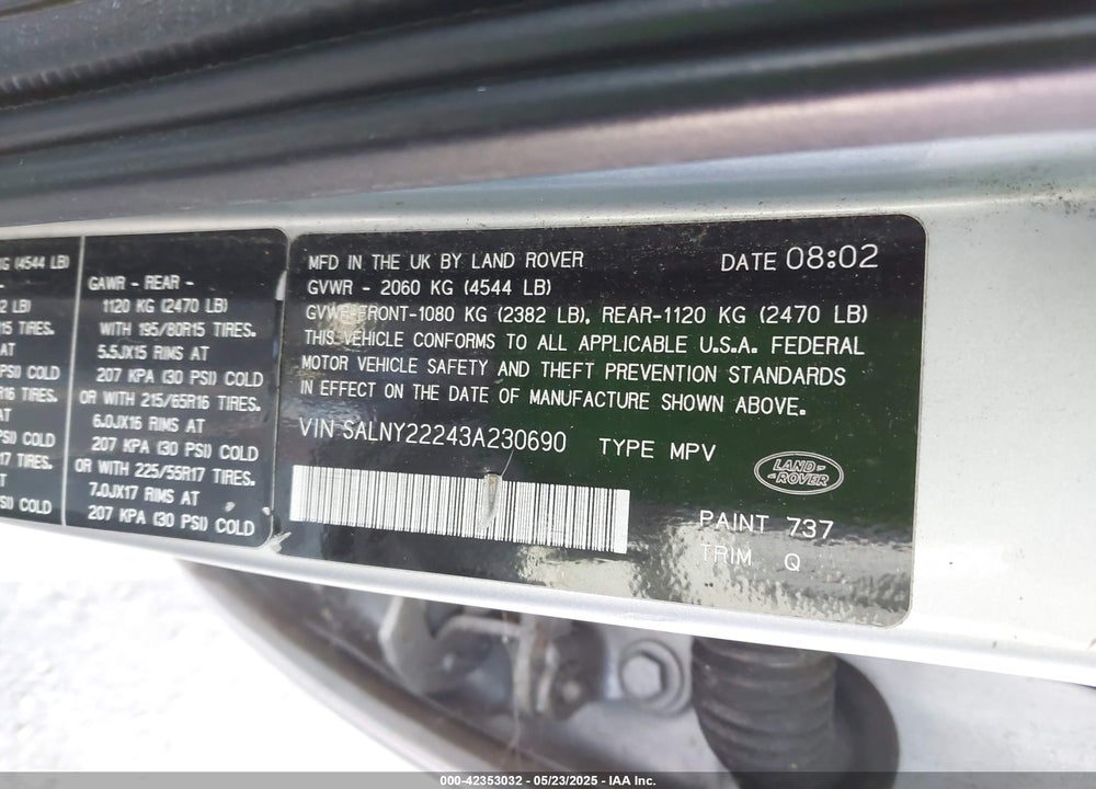 2003 LAND ROVER FREELANDER SE VIN: SALNY22243A230690