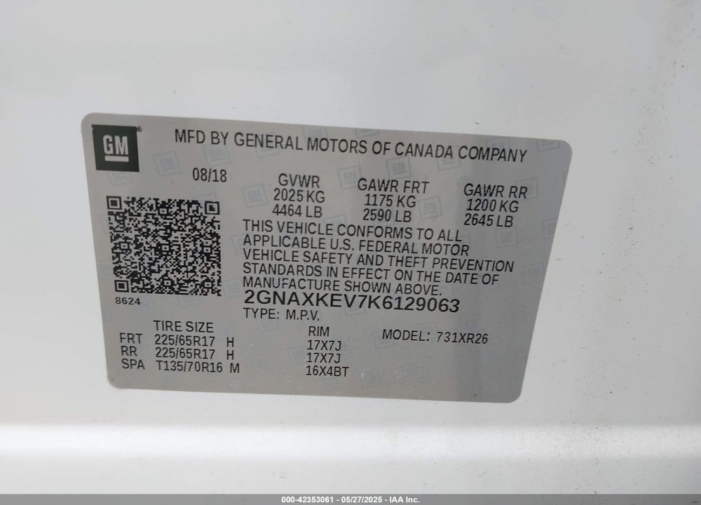 2019 CHEVROLET EQUINOX VIN: 2GNAXKEV7K6129063